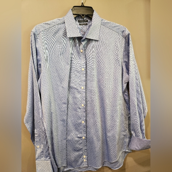 Tailorbyrd Dress Shirt 17 36/37 Trim Fit Blue Print Cotton Flip Cuff Non Iron - Picture 4 of 7